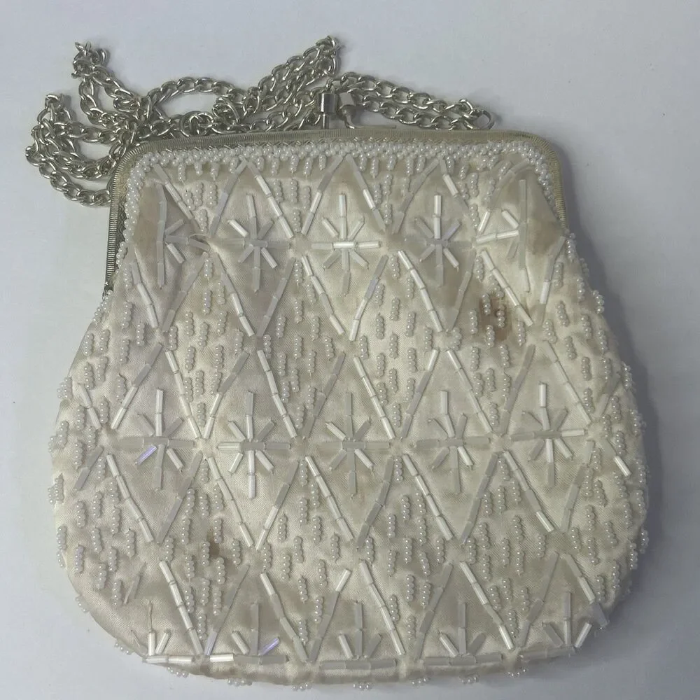 Vintage Walborg Beaded Evening Bag Purse Made in Hong Kong Ivory Beaded Purse